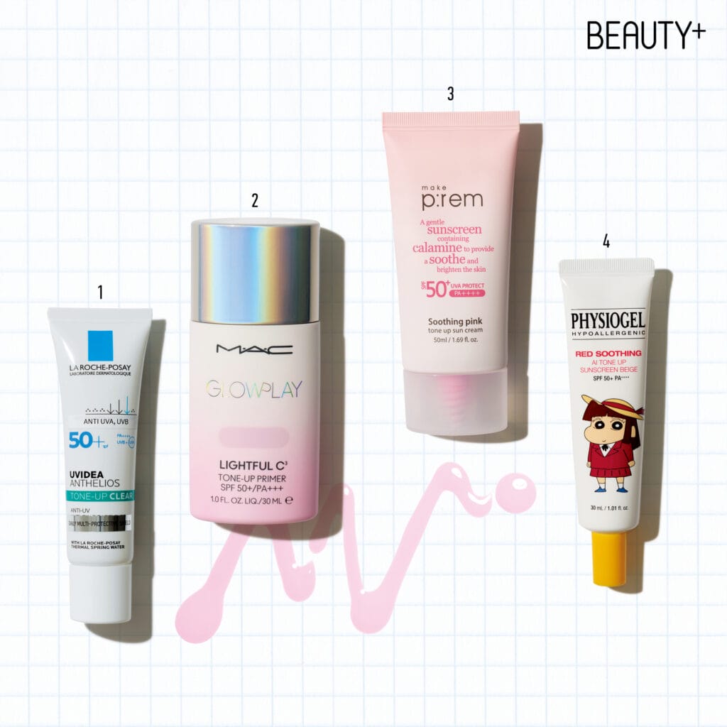 라로슈포제 유비데아 안뗄리오스 톤업 클리어 SPF50+/PA++++, 맥 글로우 플레이 라이트풀 C3 톤-업 프라이머 #로지 라벤더 SPF50+/PA+++, 메이크프렘 수딩 핑크 톤업 선크림 SPF50+/PA++++, 피지오겔 레드 수딩 AI 톤업 썬스크린 베이지 짱구 에디션 SPF50+/PA++++