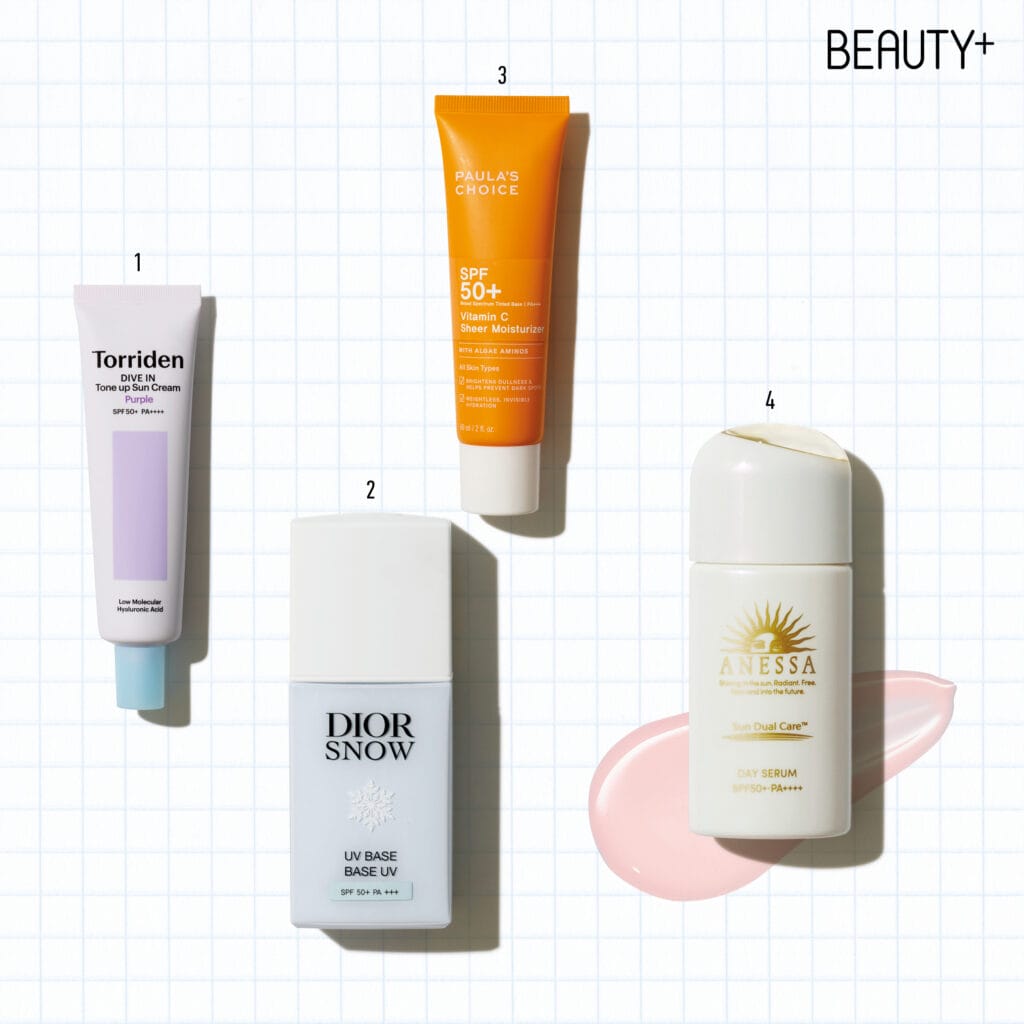 토리든 다이브인 퍼플 톤업 선크림 SPF50+/PA++++, 디올 스노우 UV 베이스 #블루 SPF50+/PA+++,폴라초이스 비타민C 쉬어 프로텍션 선크림 SPF50+/PA+++, 아넷사 데이세럼 N SPF50+/PA++++