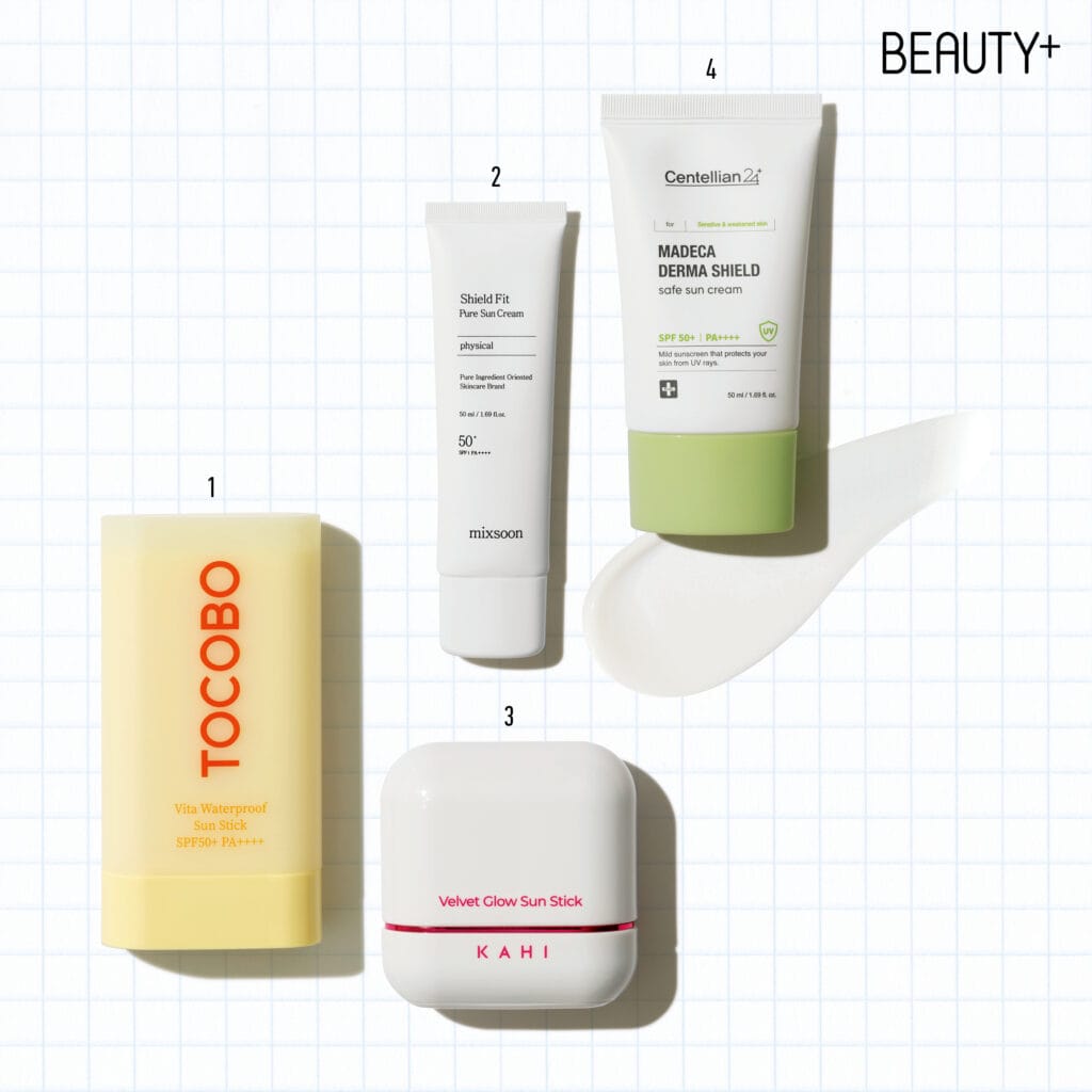 토코보 비타 워터프루프 선스틱 SPF50+/PA++++, 믹순 실드핏 퓨어 선크림 SPF50+/PA++++, 가히 벨벳 글로우 선스틱 SPF50+/PA++++ , 센텔리안24 마데카 더마 쉴드 세이프 선크림 SPF50+/PA++++