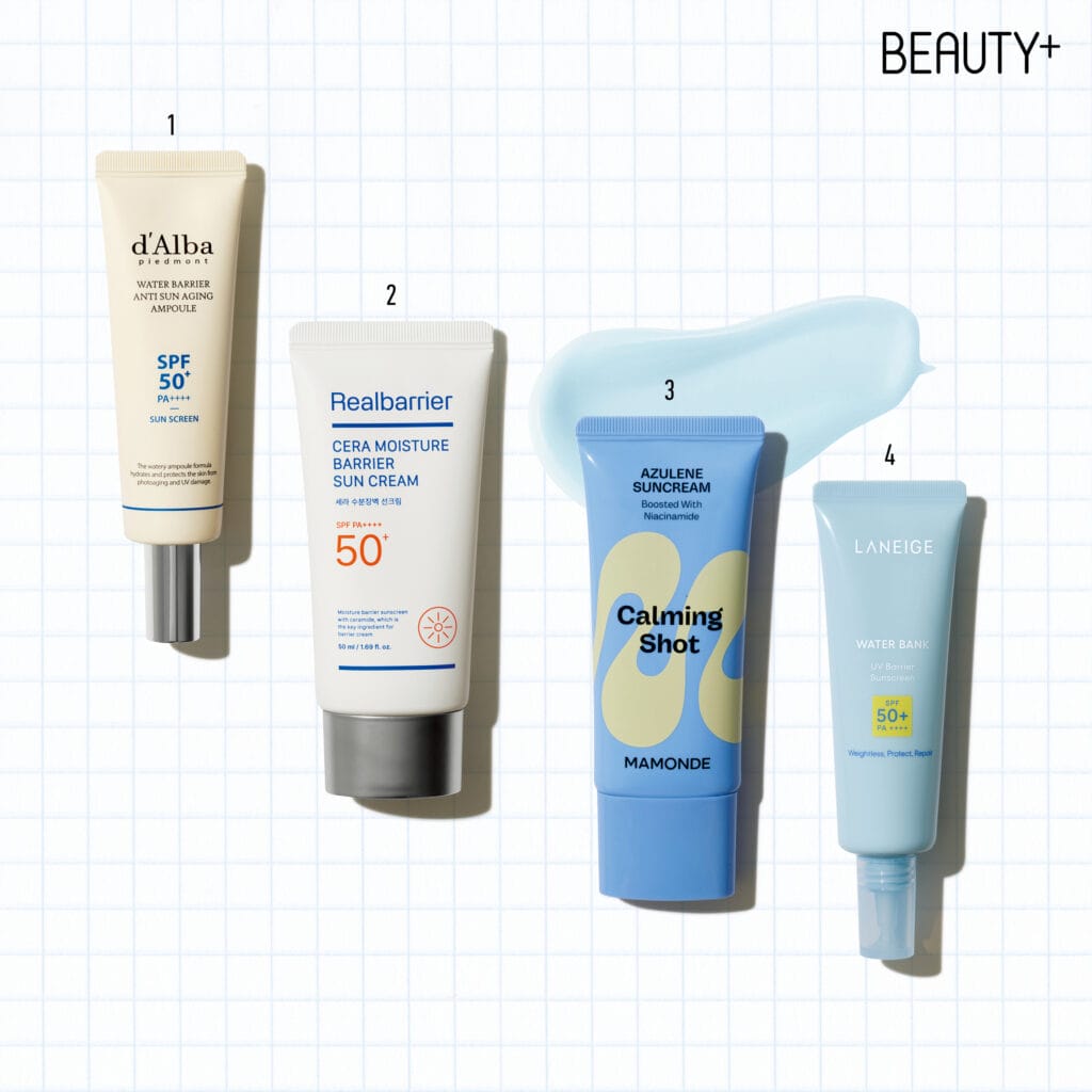 달바 워터 베리어 안티 선 에이징 앰플 SPF50+/PA++++, 리얼베리어 세라 수분장벽 선크림 SPF50+/PA++++ , 마몽드 카밍 샷 아줄렌 선크림 SPF50+/PA++++ , 라네즈 워터뱅크 UV 베리어 선크림 SPF50+/PA++++