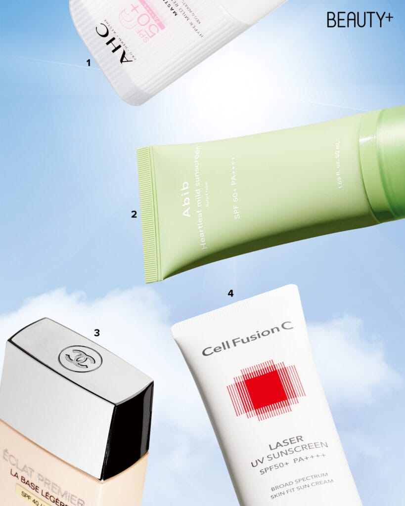 AHC 마스터즈 하이퍼 마일드 리페어 선스틱SPF50+/PA++++, 아비브 어성초 마일드 선크림 릴리프 튜브SPF50+/ PA++++, 샤넬 에끌라 프리미에 라 바즈 메이크업 베이스 라이트SPF40+/PA+++, 셀퓨전씨 레이저 UV 썬 스크린SPF50+/PA++++